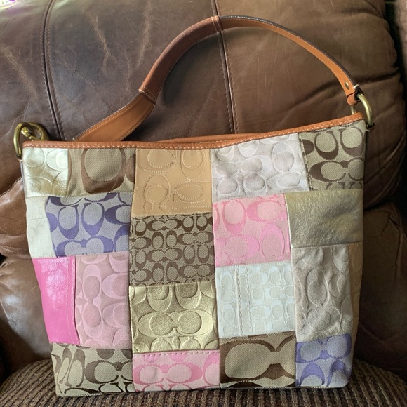 Coach Handbags - COACH Patchwork Gold Brown Pink Multi Color Shoulder Bag Tote L0769-11709.
